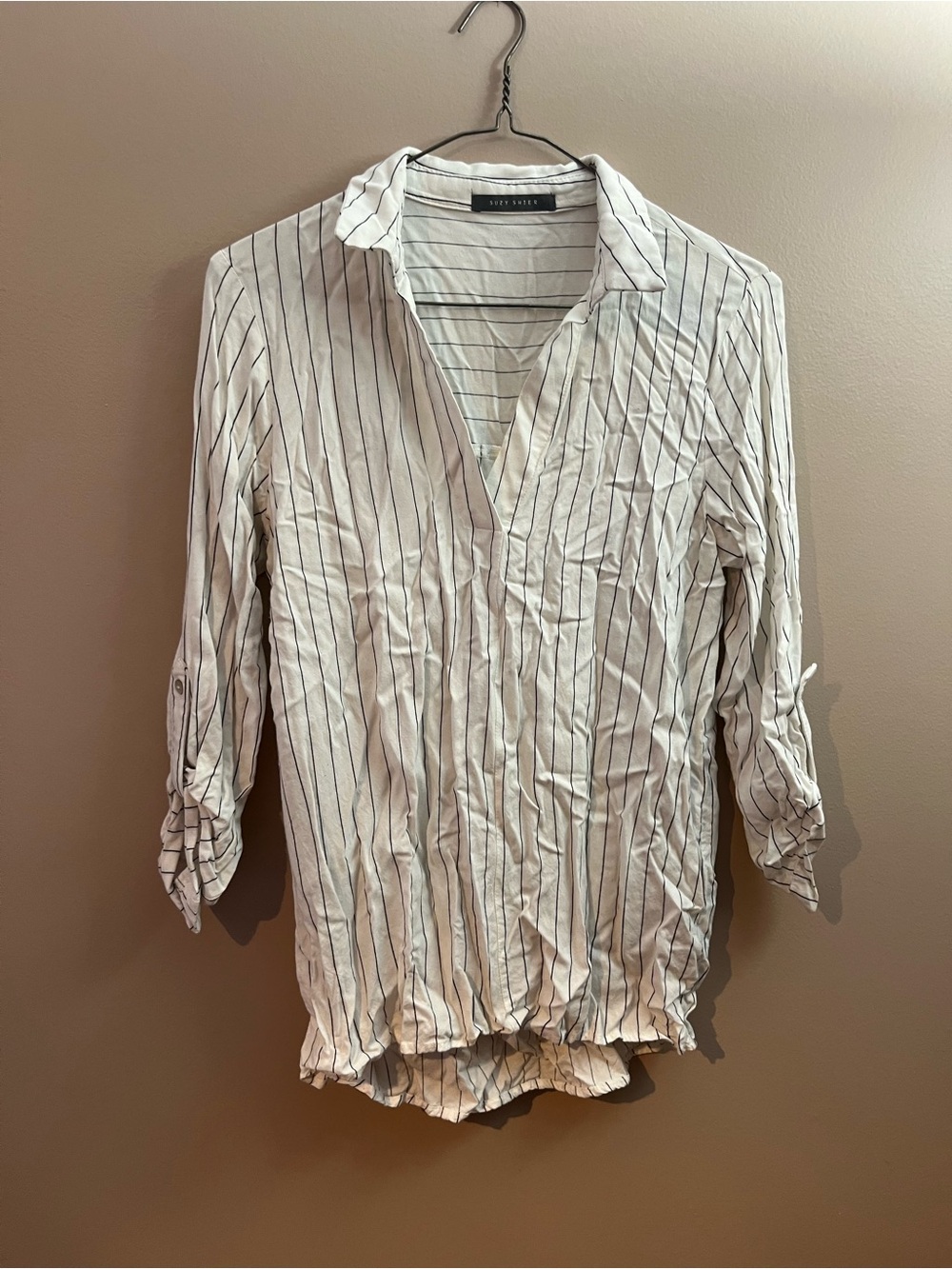 Striped White and Navy Button-Front Shirt -3/4 length sleeve option